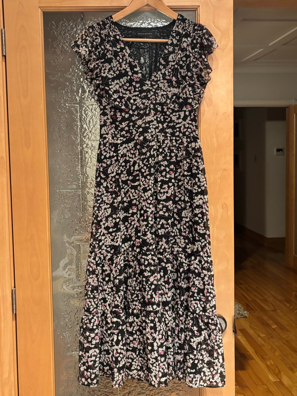 Banana Republic Black Floral Maxi Dress with Pink & White Accents